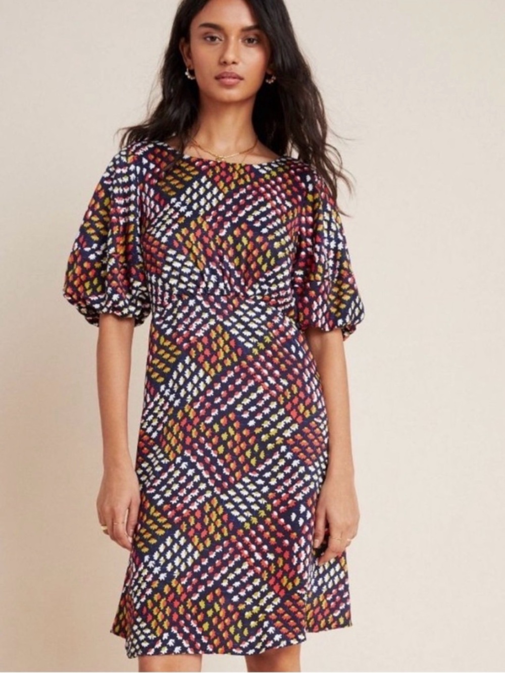 Maeve Anthropologie Fall Floral Printed Puff-Sleeve Shift Dress Multi Colored R8